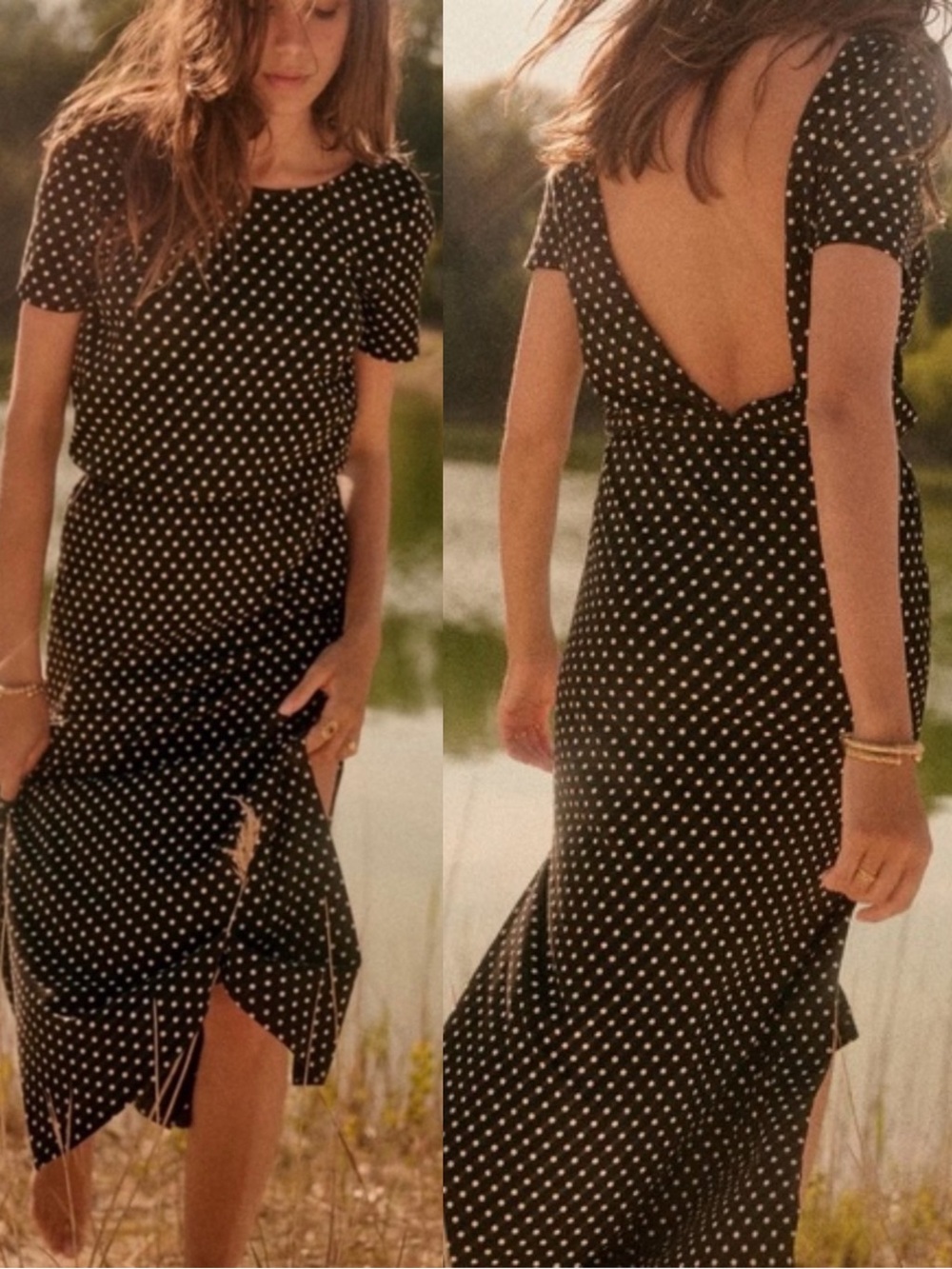 SEZANE Black & White Polka Dot Printed Open Back Organic Cotton Luce Midi Dress